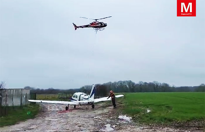 Nanteuil-lès-Meaux ► [Vidéo] Un petit avion qui a dû atterrir en catastrophe dans un champ a été hélitreuillé jusqu’à l’aérodrome, à Isles-lès-Villenoy